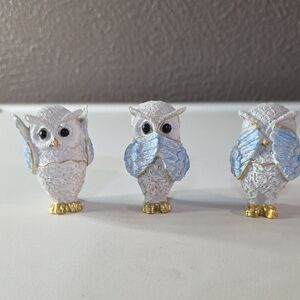 Set of Three White and Blue Owl Hear, See, Speak No Evil Figurines NWT